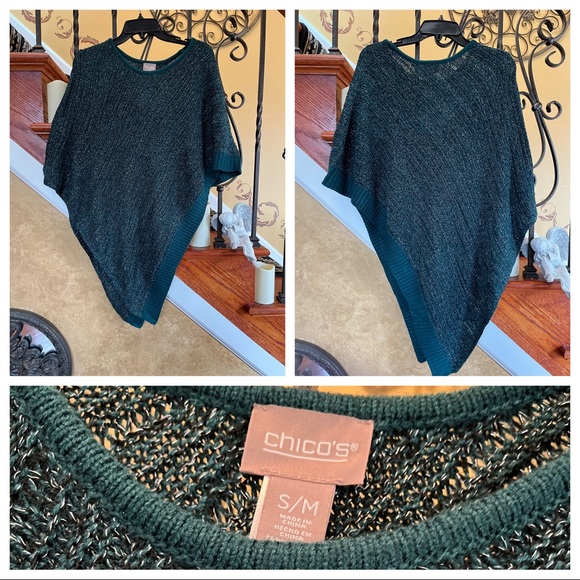 Chico’s Metallic Knit Triangle Poncho In Goddess Green - Picture 9 of 10